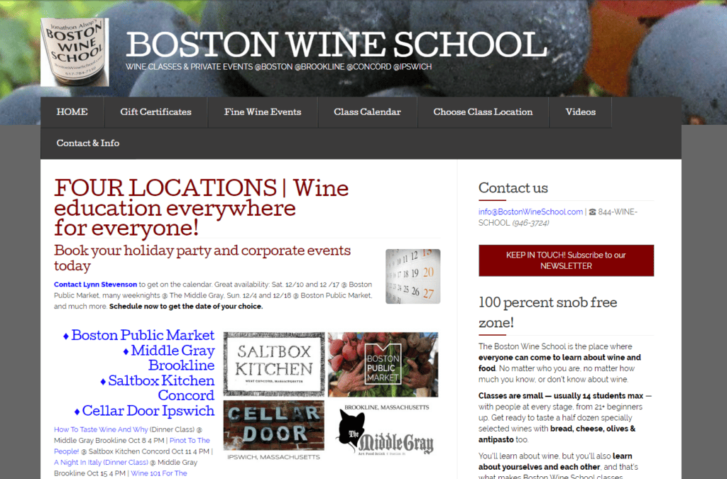 Boston Wine School Website, CIrca 2016